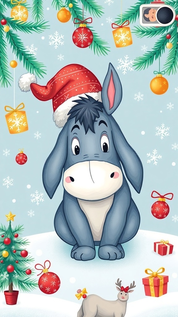 Eeyore from Winnie the Pooh in a Christmas setting with snowflakes and ornaments.